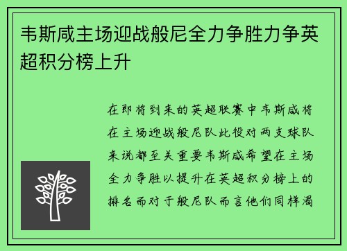 韦斯咸主场迎战般尼全力争胜力争英超积分榜上升
